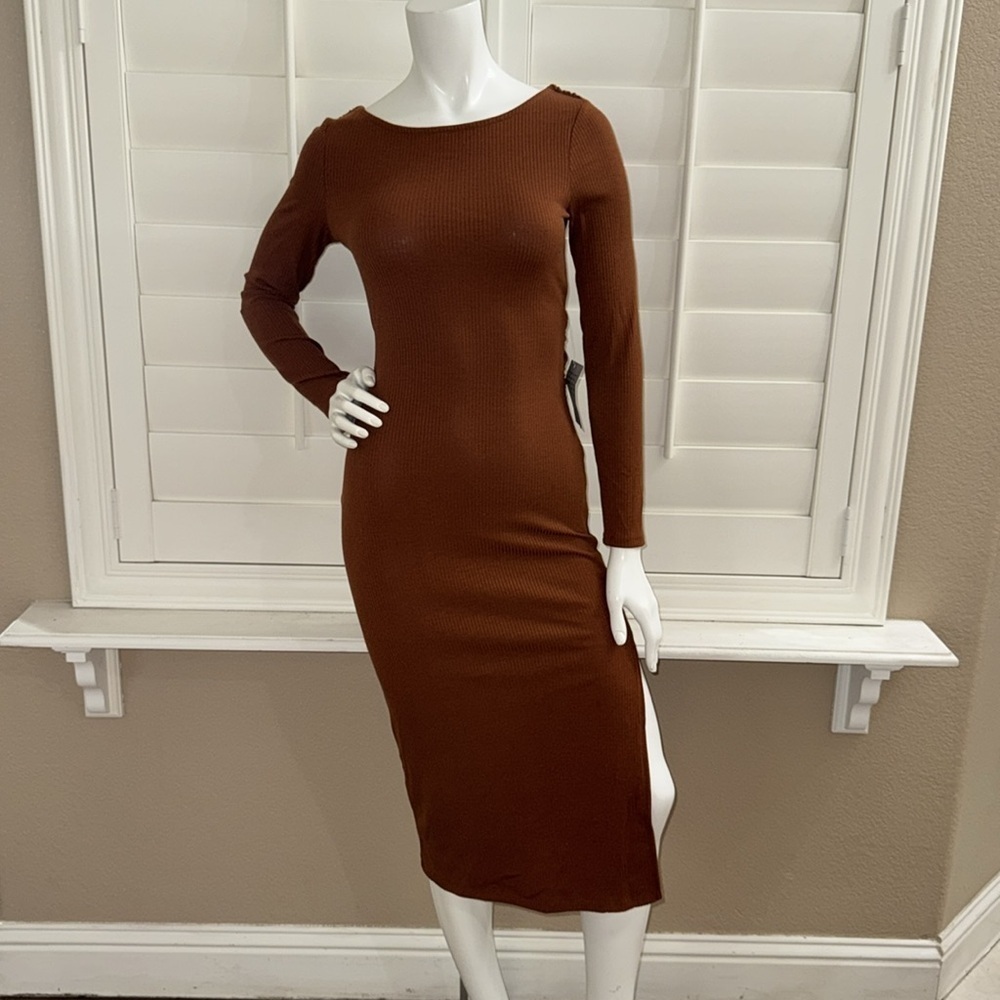 ASTR the Label Crossed Back Long Sleeve Ribbed Midi Dress Rust